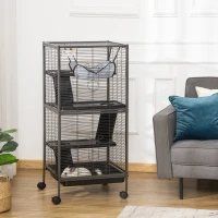 PawHut Metal Small Animal Cage Rolling Big Ferret Cage, Chinchilla Cage, Sugar Glider Cage, With Hammock & 4 Tiers, Removable Tray, Gray (Option: Gray)