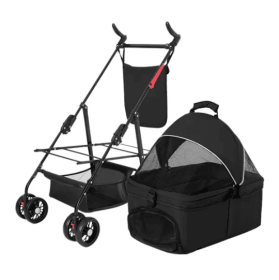 4 Wheels Pet Stroller Foldable Carrier Strolling Cart Travel Jogger Pet Stroller With Removable Liner Storage Basket For Dog Cat (Option: Black)