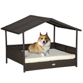 Wicker Dog Bed Outdoor Elevated With Rattan Canopy Cushioned PE Rattan Dog Cat House Sleeping Pad Cream (Option: Black)
