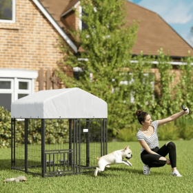 Welded Wire Outdoor Dog Kennel With Rotating & 4 Levels Adjustable Bowls (Option: Silver)